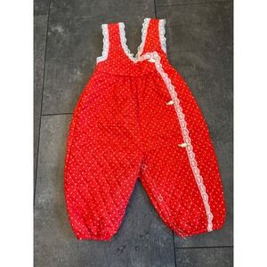 Vintage 60s Red Polka Dot Quilted Romper Lace Trim Rosebud 6-9 Months USA Made